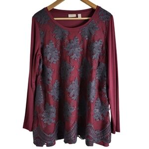 Lavish Maroon and Gray Lace Long Sleeve Top